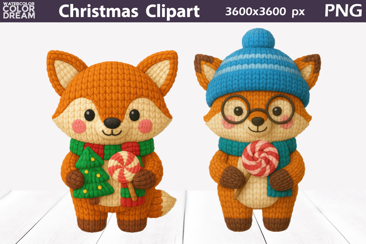 Fox Crochet Clipart | Christmas Cute Animals Knitted