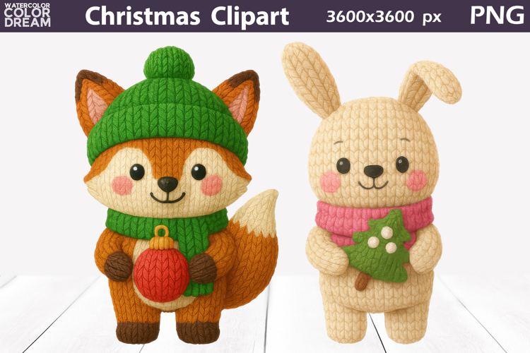 Fox and Bunny Crochet Clipart | Christmas Animals Knitted
