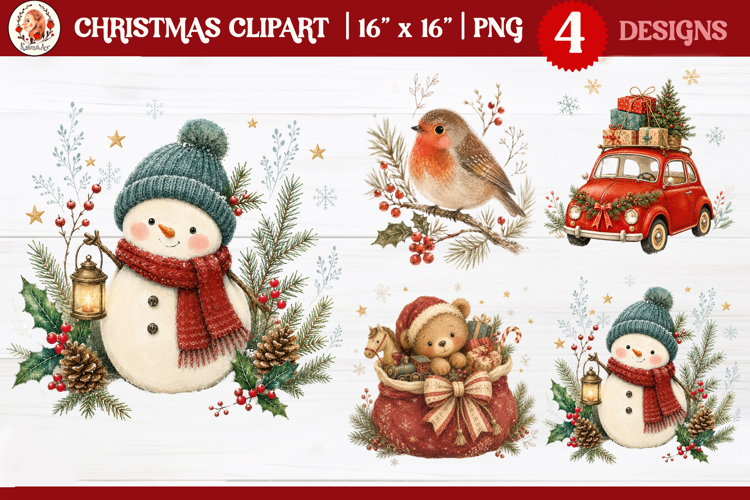 Cozy Christmas clipart PNG with a snowman, winter robin