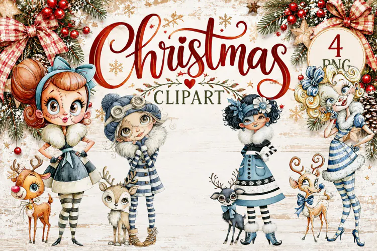 Whimsical Christmas Girls Clipart | Cute Winter Girls