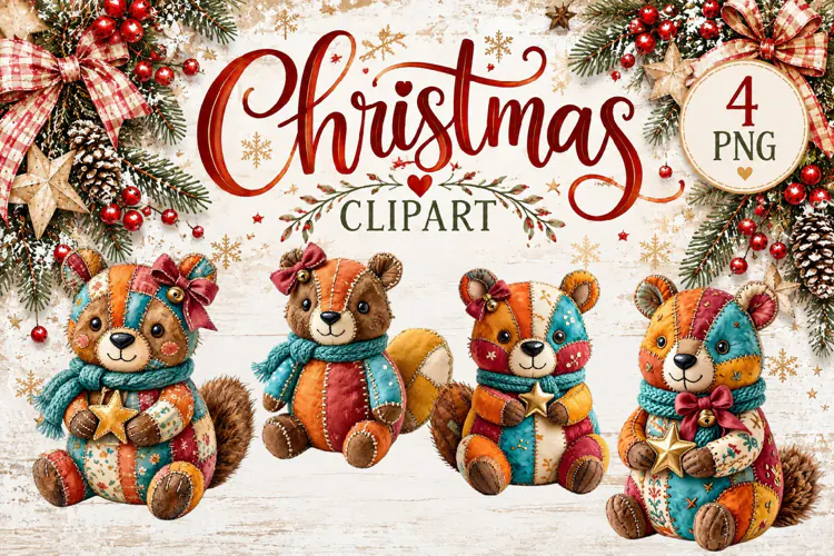 Cute Patchwork Christmas Animals Clipart | Teddy animals