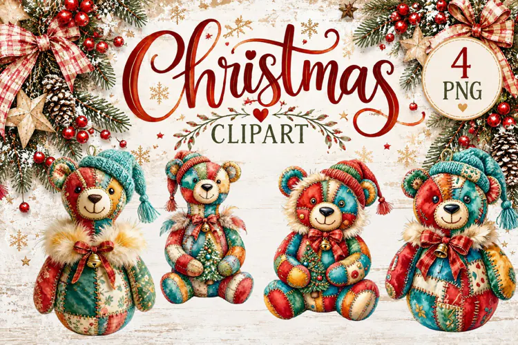 Cute Patchwork Christmas Animals Clipart | Teddy animals