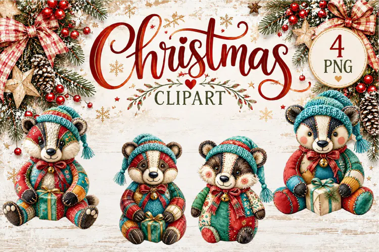 Cute Patchwork Christmas Animals Clipart | Teddy animals