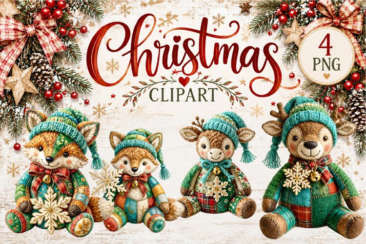 Cute Patchwork Christmas Animals Clipart | Teddy animals example image 1
