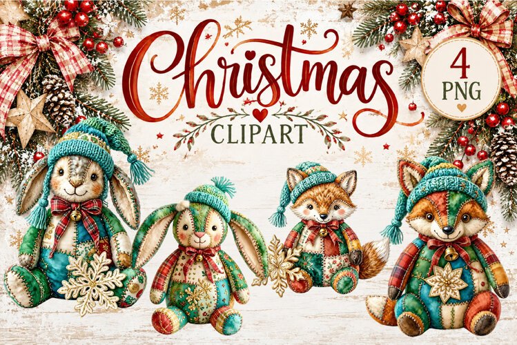 Cute Patchwork Christmas Animals Clipart | Teddy animals example image 1