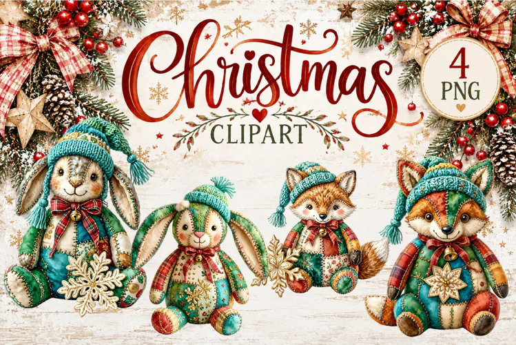 Cute Patchwork Christmas Animals Clipart | Teddy animals