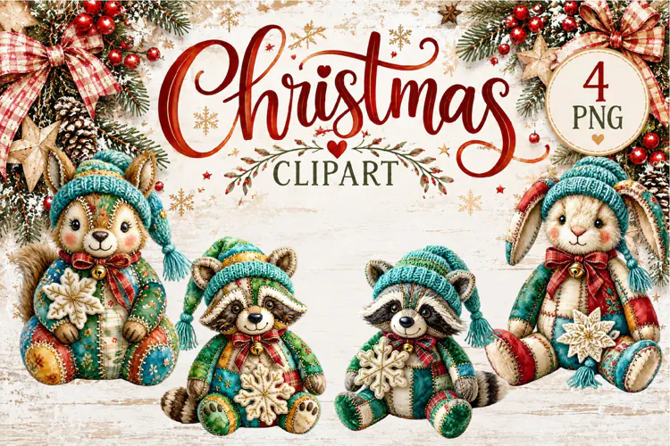 Cute Patchwork Christmas Animals Clipart | Teddy animals