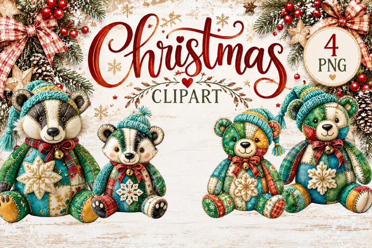 Cute Patchwork Christmas Animals Clipart | Teddy animals example image 1