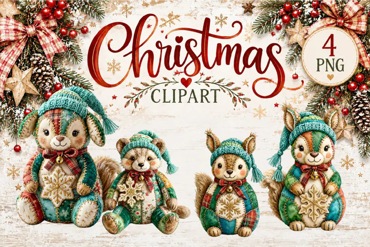 Cute Patchwork Christmas Animals Clipart | Teddy animals
