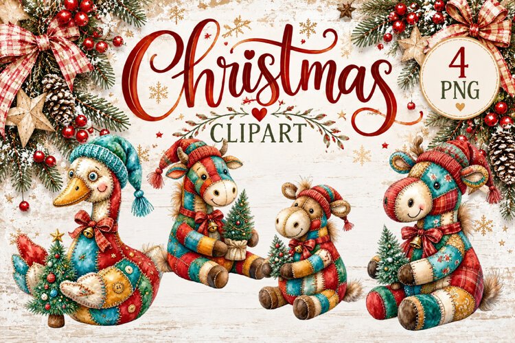 Cute Patchwork Christmas Animals Clipart | Teddy animals example image 1
