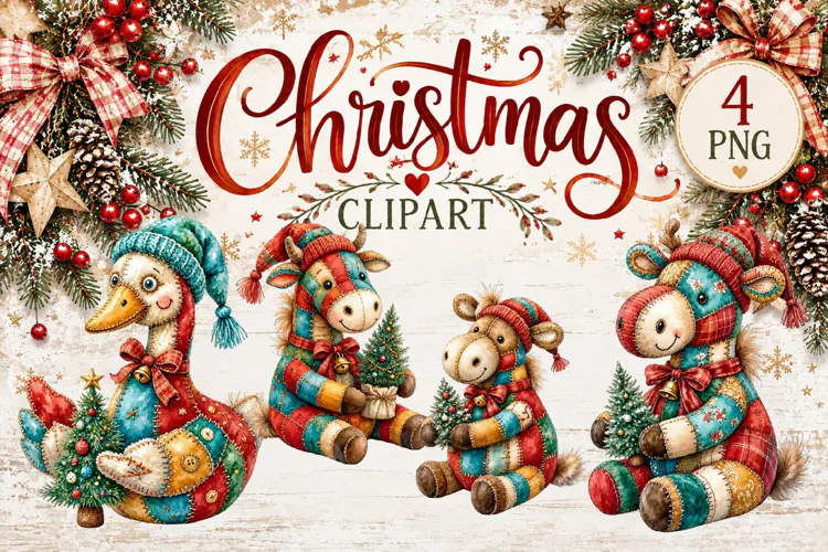Cute Patchwork Christmas Animals Clipart | Teddy animals