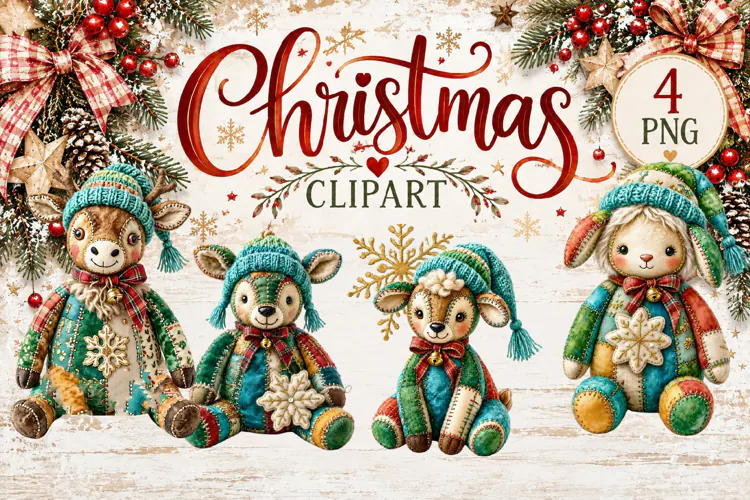 Cute Patchwork Christmas Animals Clipart | Teddy animals
