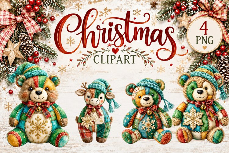 Cute Patchwork Christmas Animals Clipart | Teddy animals example image 1