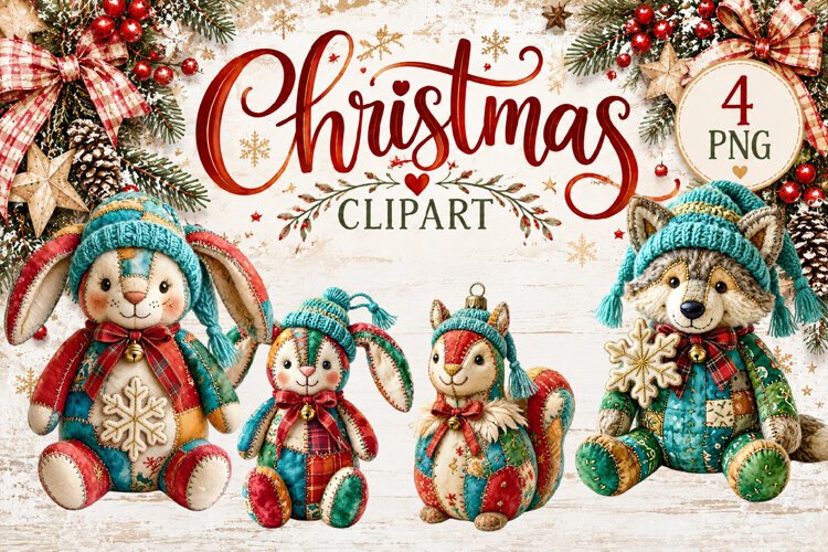 Cute Patchwork Christmas Animals Clipart | Teddy animals example image 1