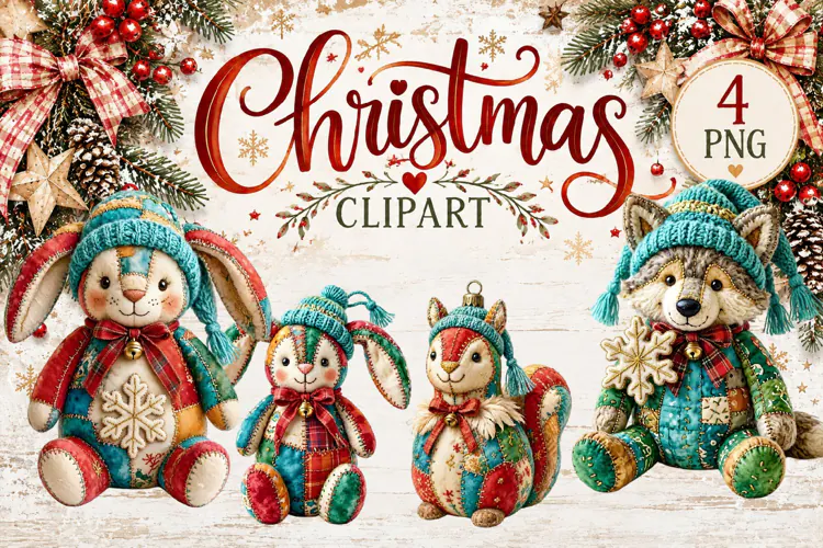 Cute Patchwork Christmas Animals Clipart | Teddy animals