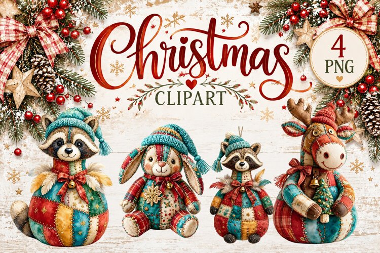 Cute Patchwork Christmas Animals Clipart | Teddy animals example image 1