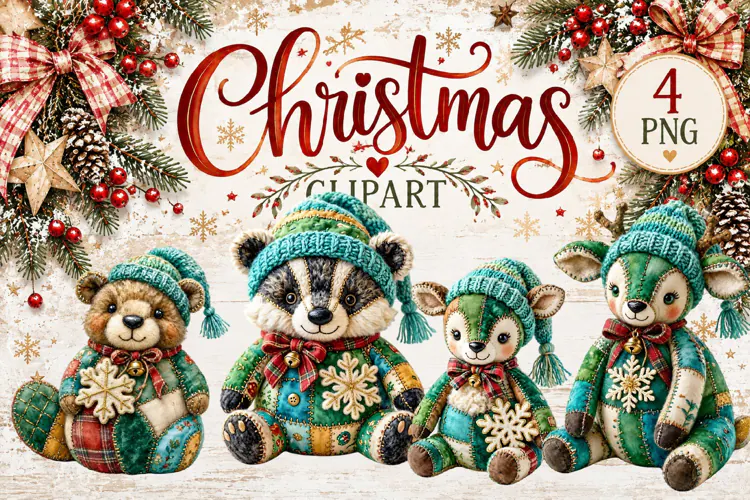 Cute Patchwork Christmas Animals Clipart | Teddy animals