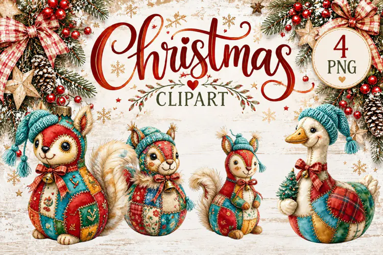 Cute Patchwork Christmas Animals Clipart | Teddy animals