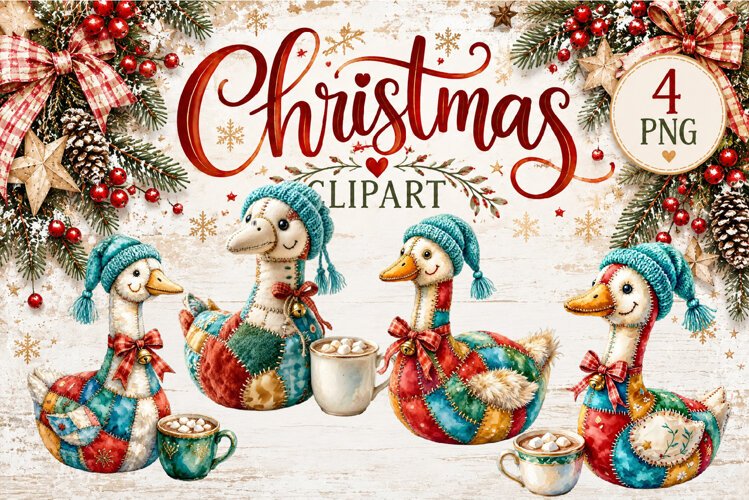 Cute Patchwork Christmas Animals Clipart | Teddy animals example image 1