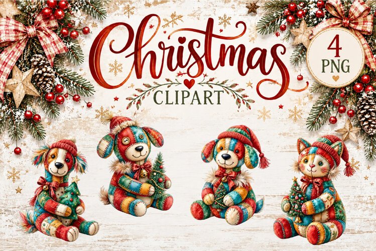 Cute Patchwork Christmas Animals Clipart | Teddy animals example image 1