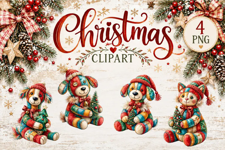 Cute Patchwork Christmas Animals Clipart | Teddy animals