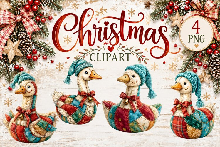 Cute Patchwork Christmas Animals Clipart | Teddy animals example image 1