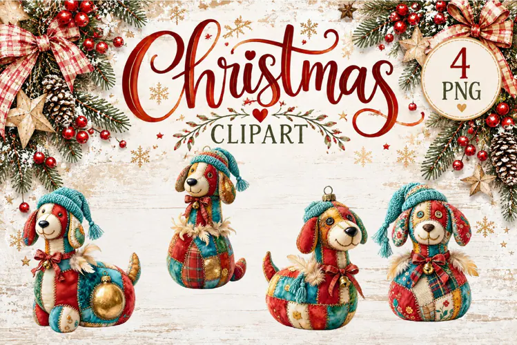 Cute Patchwork Christmas Animals Clipart | Teddy animals