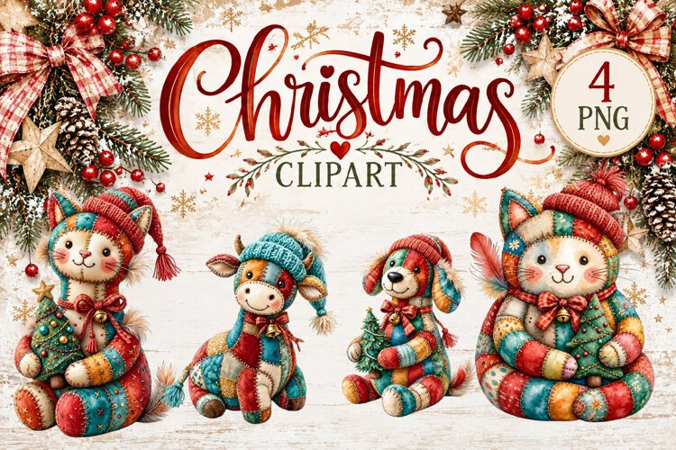 Cute Patchwork Christmas Animals Clipart | Teddy animals example image 1