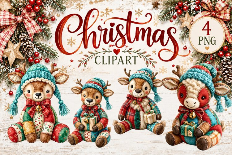 Cute Patchwork Christmas Animals Clipart | Teddy animals example image 1