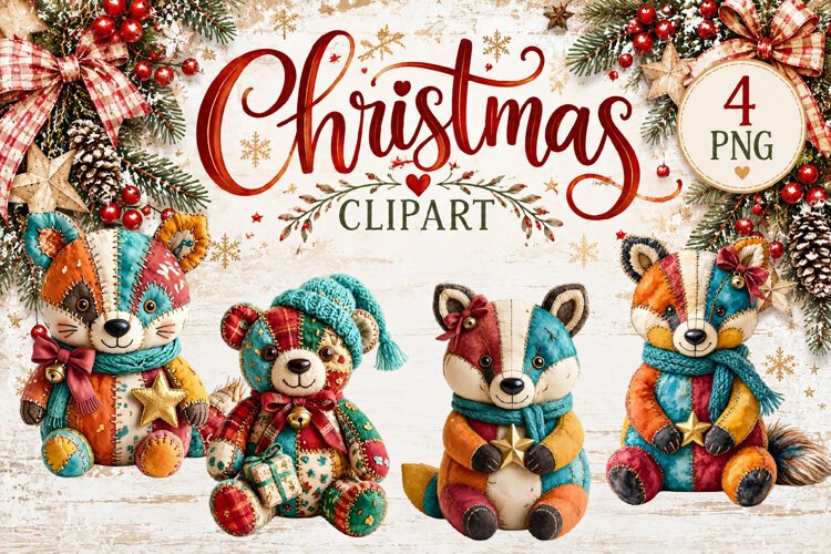 Cute Patchwork Christmas Animals Clipart | Teddy animals example image 1