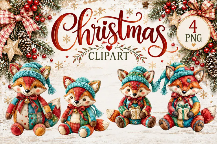 Cute Patchwork Christmas Animals Clipart | Teddy animals