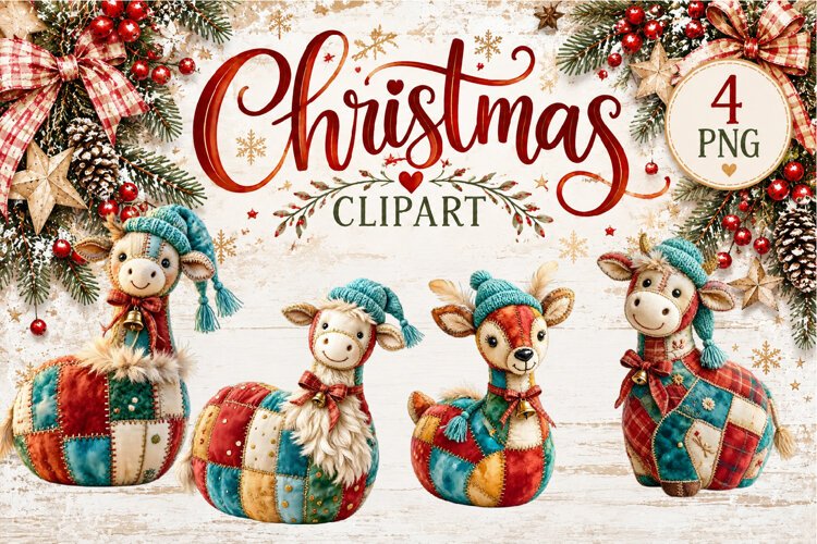 Cute Patchwork Christmas Animals Clipart | Teddy animals example image 1