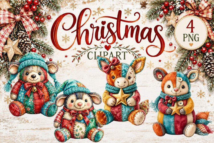 Cute Patchwork Christmas Animals Clipart | Teddy animals example image 1