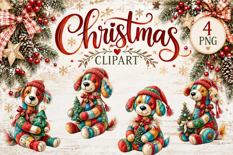 Cute Patchwork Christmas Animals Clipart | Teddy animals