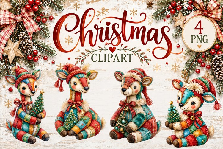 Cute Patchwork Christmas Animals Clipart | Teddy animals example image 1