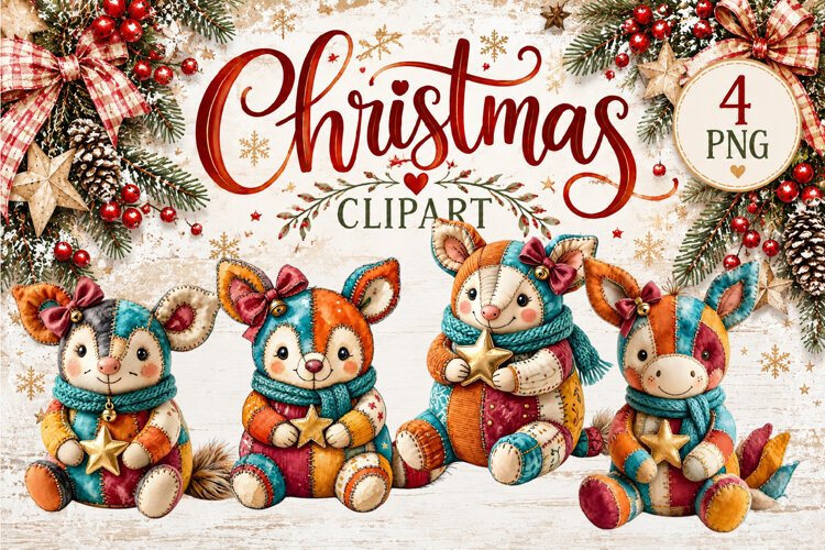 Cute Patchwork Christmas Animals Clipart | Teddy animals example image 1