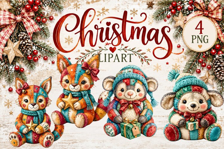 Cute Patchwork Christmas Animals Clipart | Teddy animals example image 1