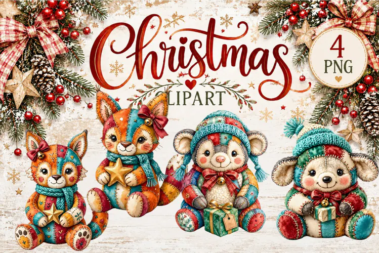Cute Patchwork Christmas Animals Clipart | Teddy animals