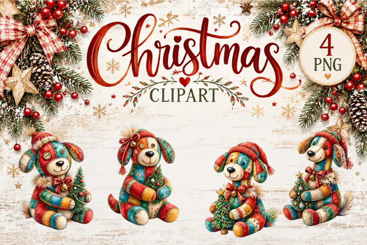 Cute Patchwork Christmas Animals Clipart | Teddy animals