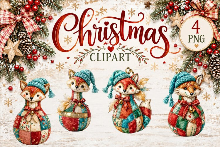 Cute Patchwork Christmas Animals Clipart | Teddy animals example image 1
