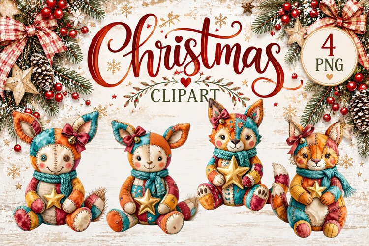 Cute Patchwork Christmas Animals Clipart | Teddy animals example image 1