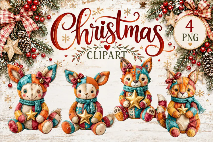 Cute Patchwork Christmas Animals Clipart | Teddy animals