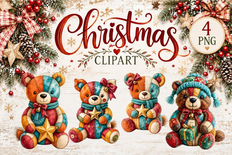 Cute Patchwork Christmas Animals Clipart | Teddy animals example image 1