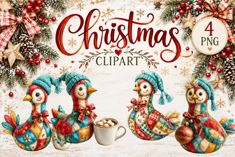 Cute Patchwork Christmas Animals Clipart | Teddy animals example image 1