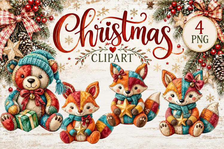 Cute Patchwork Christmas Animals Clipart | Teddy animals