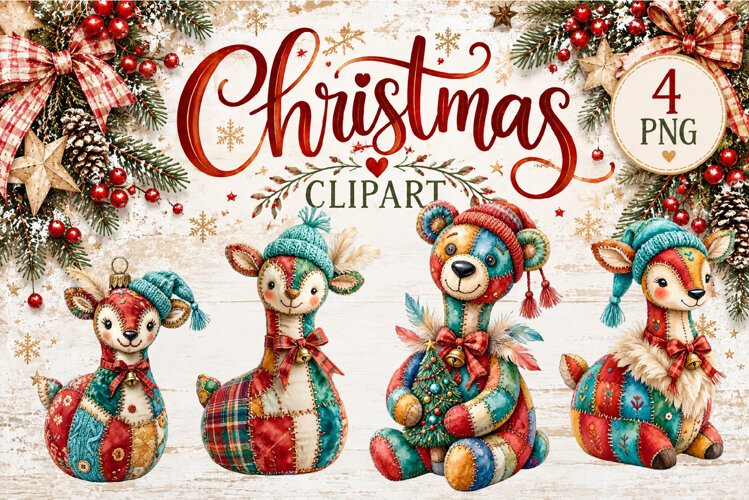 Cute Patchwork Christmas Animals Clipart | Teddy animals example image 1