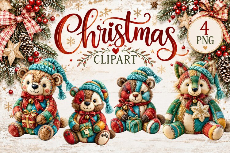 Cute Patchwork Christmas Animals Clipart | Teddy animals example image 1
