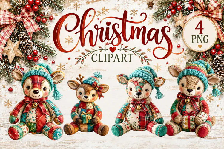 Cute Patchwork Christmas Animals Clipart | Teddy animals
