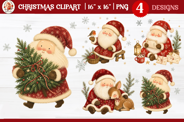 Cozy Christmas clipart PNG with Santa Claus and Deer