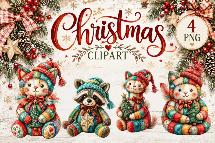 Cute Patchwork Christmas Animals Clipart | Teddy animals